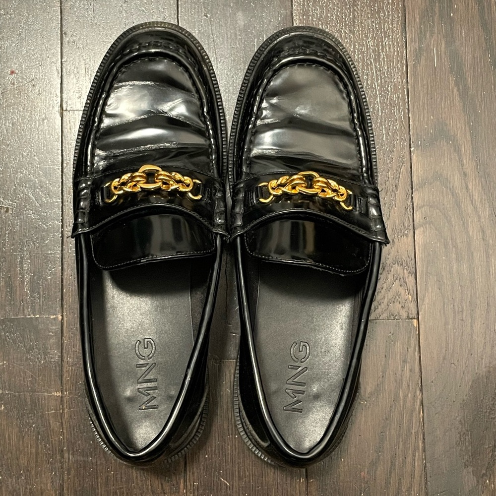 Mango Glossy Black Loafers with Gold Accent